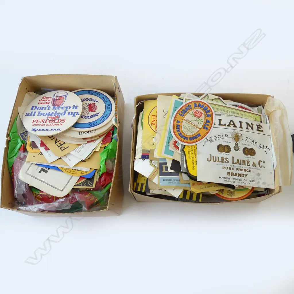 TWO SMALL BOXES OF OLD BEER AND SPIRIT LABELS AND SOME STAMPS  Image 1++