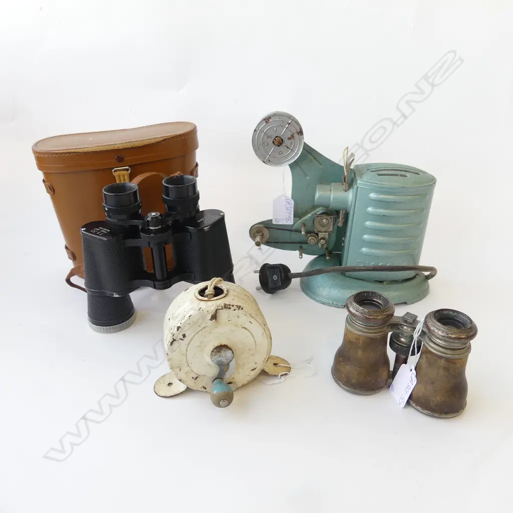 LEATHER CASED BINOCULARS, OPERA GLASSES, CLOTHES LINE REEL & SLIDE PROJECTOR. Image 1++