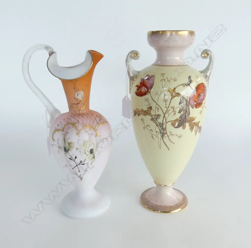 VICT DECROTIVE GLASS JUG H270MM & EDWARDIAN CHINA VASE H300MM Image 1++