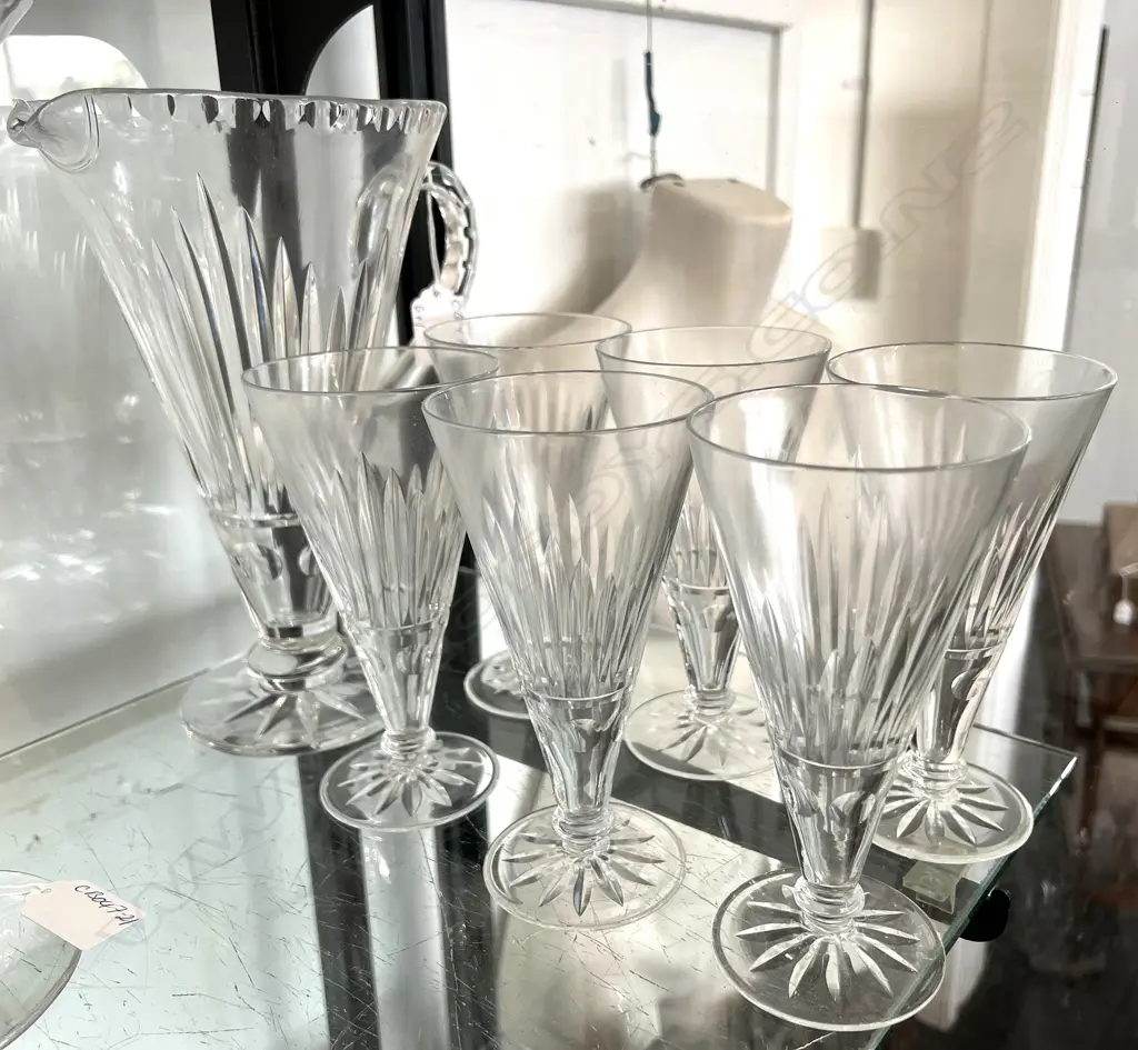QUALITY ENGLISH CRYSTAL DRINK SET: JUG + SIX GLASSES trumpet form Image 1++