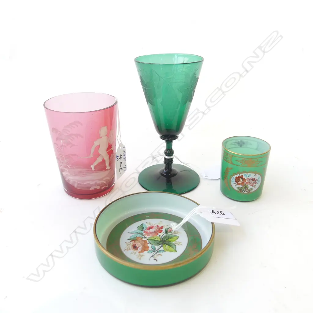 4 ANTIQUE GLASS PIECES: Mary Gregory red tumbler + green drinking glass H.128mm +2  Murano pces cup & dish Image 1++