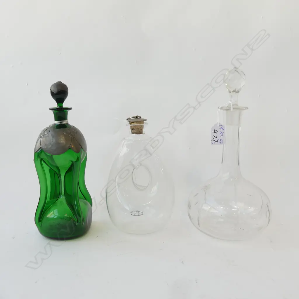 THREE DECANTERS ONE HOLMGAARD ( CLOUDY), HOGLAND ' GLUGGLUG' TYPE  GREEN WITH PEWTER MOUNTS H.260mm & OTHER H.280mm Image 1++