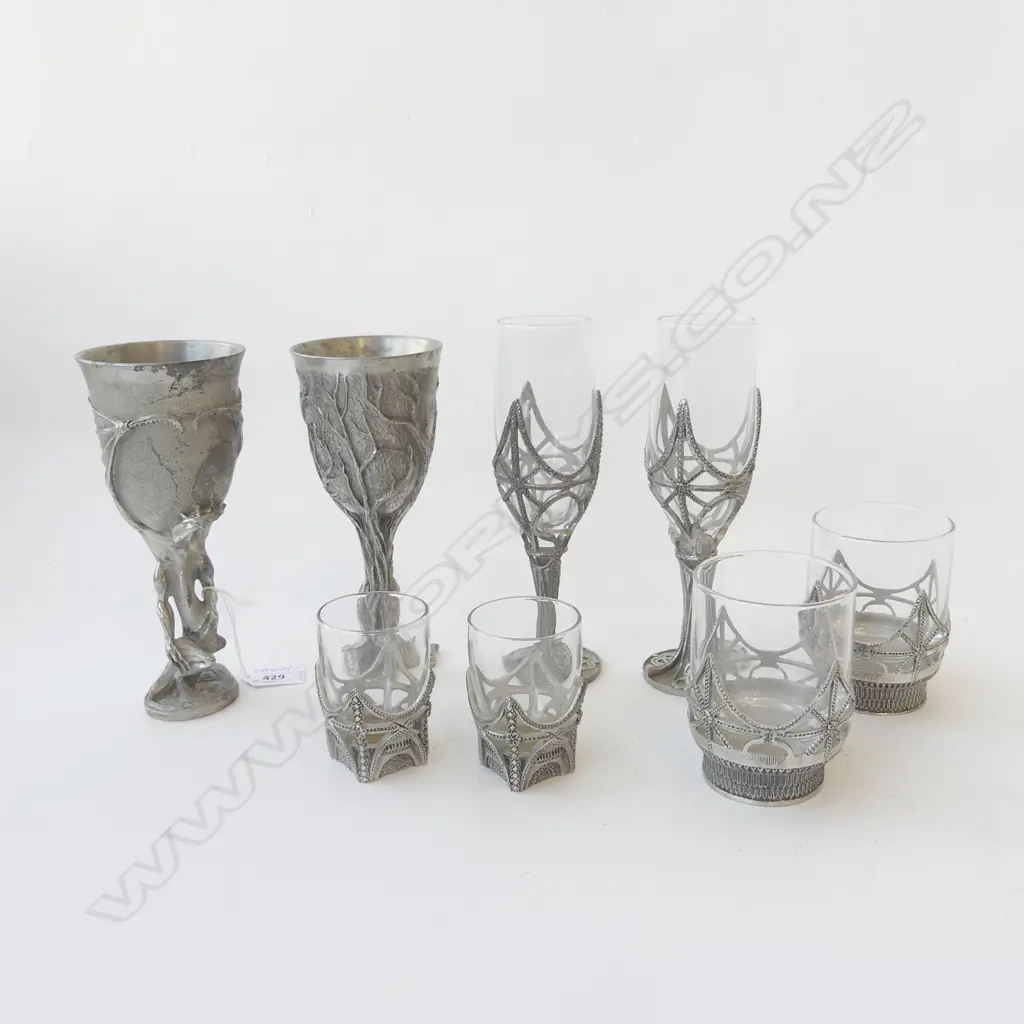 8 DRINKING GLASSES BY GRAHAM ANTHONY PEWTER; 2 GOBLETS, 2 FLUTES, 2 TUMBLERS, 2 SHOT GLASSES Image 1++