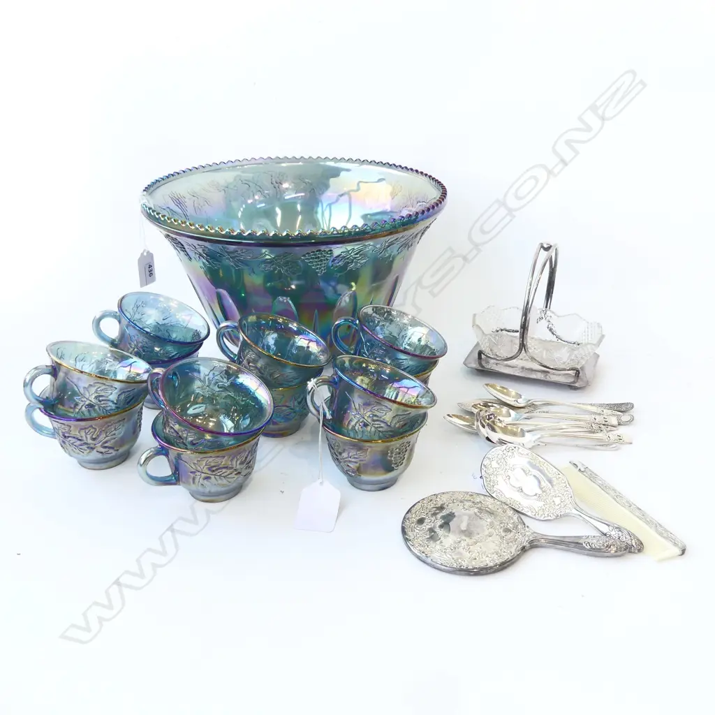 GLASS CARNIVAL GLASS TYPE PUNCHBOWL WITH 12 CUPS, SILVER PLATED MINI MIRROR BRUSH COMB, GLASS DISH & BUTTER KNIVES ETC Image 1++