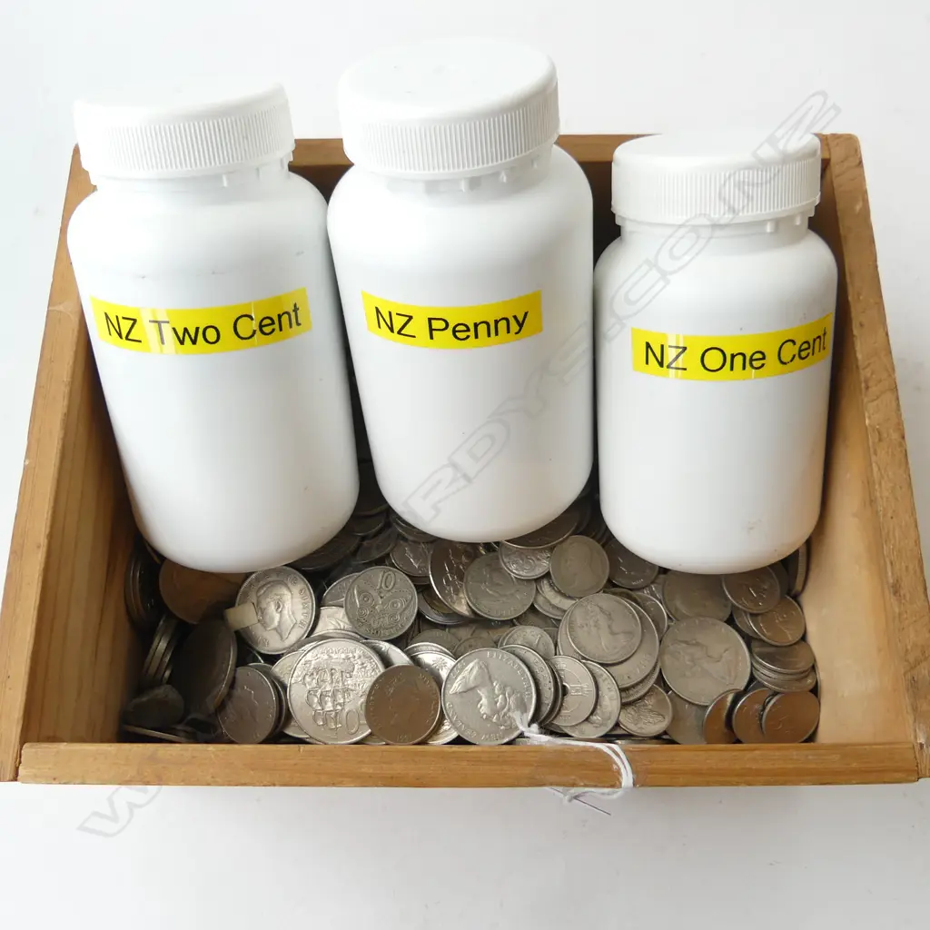 BOXED QUANTITY COINS NZ & FOREIGN APPROX 10 DOLLARS FACE & COPPER IN CONTAINERS.  Image 1++