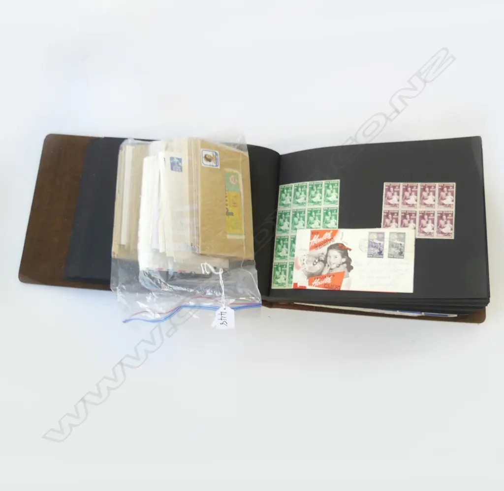 VINTAGE STAMP ALBUM & BAG OF ENVELOPED  LABELS  Image 1++