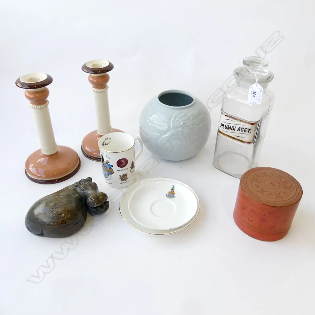6 PCES; PR CANDLESTICKS H.210mm, SPODE VASE, GLASS BOTTLE, TRIO, CARVED STONE HIPPO, LACQUER CONTAINER Image 1++