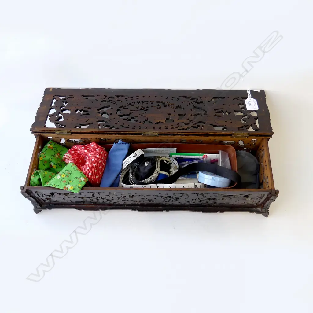c1900 FRET CUT SEWING BOX long rectangular + contents Image 1++