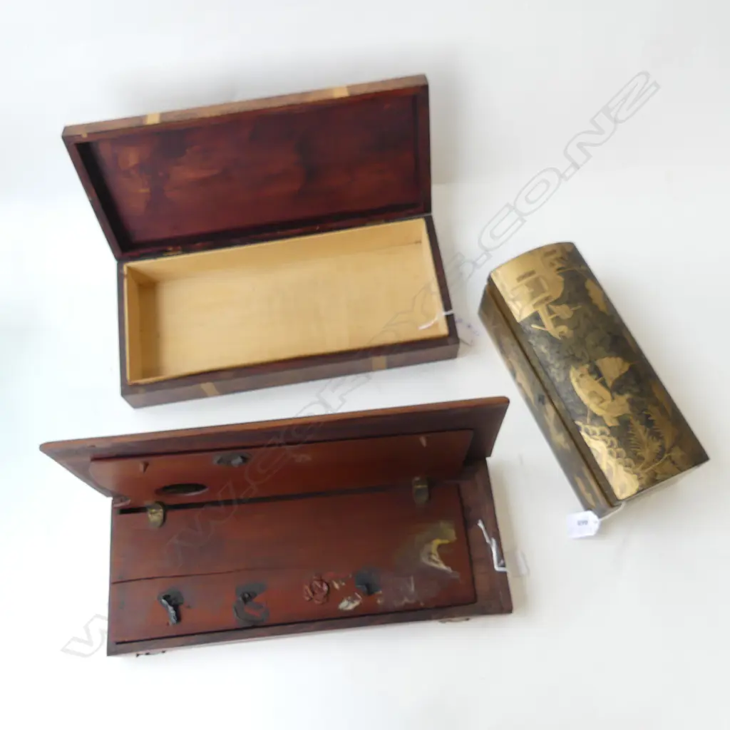 THREE WOODEN BOXES, CHINESE LACQUER L.265mm J.S.SERGEANTS? SKETCHING PALLETTE L.400mm & BOX WITH BOWS L.370mm Image 1++
