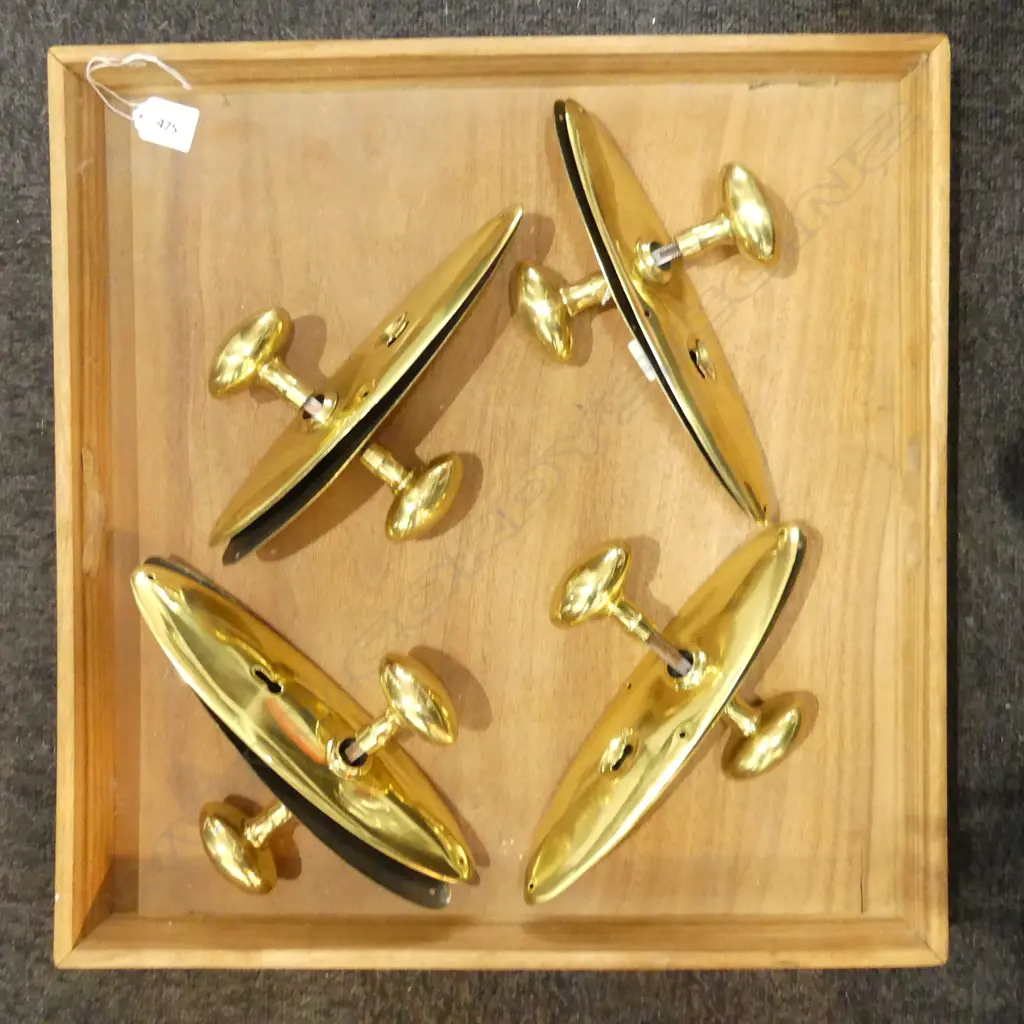 WOODEN TRAY w. 4 BRASS DOOR HANDLES & FINGER PLATES L.250mm Image 1++