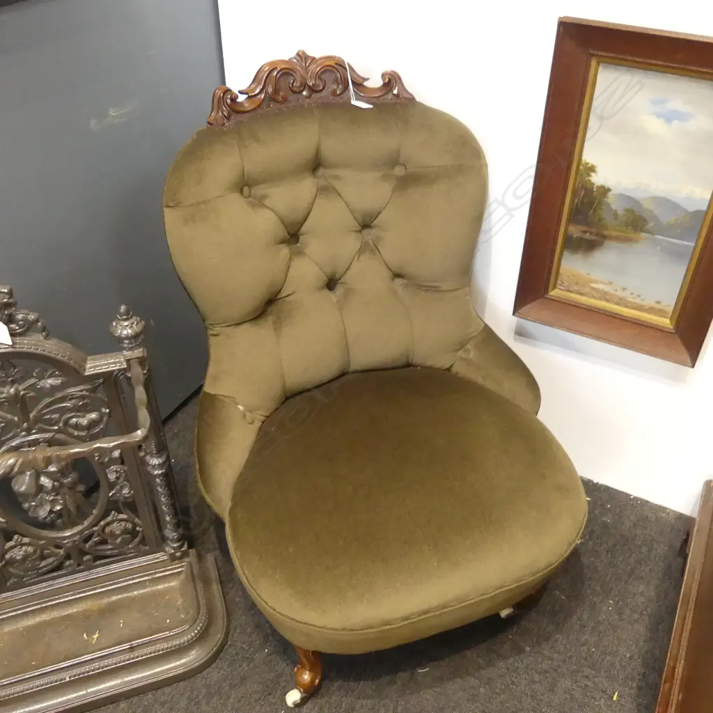 VICTORIAN WALNUT CARVED PARLOUR CHAIR dark green velvet upholstery Image 1++