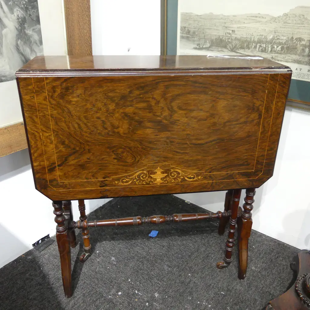 EDWARDIAN SHERATON REVIVAL INLAID SMALL DROP LEAF TABLE fine turned legs & supports 775 x 610 x 660mm w flaps up Image 1++