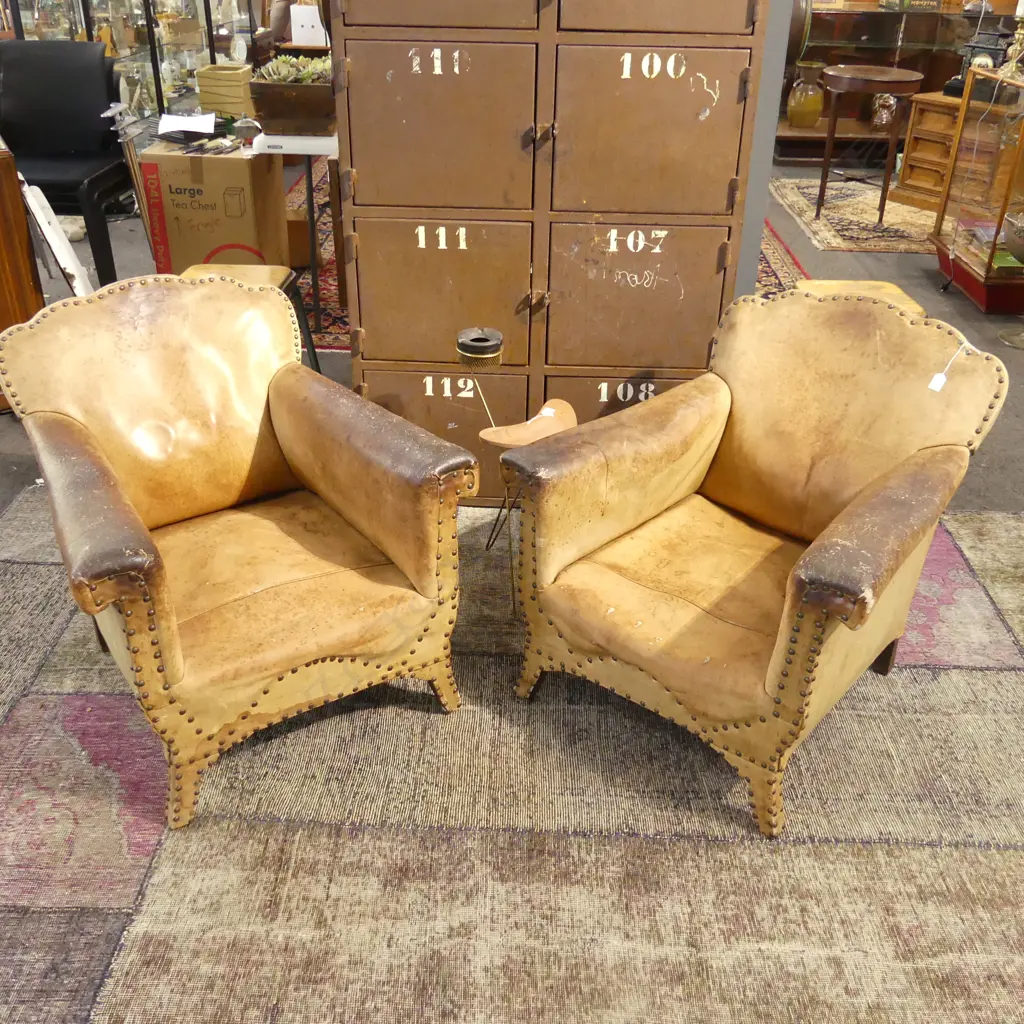 PR VINTAGE FRENCH LEATHER CHAIRS showing some wear. Studded detail. Image 1++