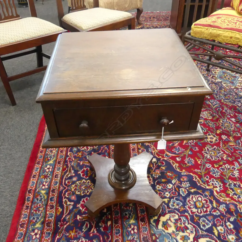 ANTIQUE MAHOGANY PEDESTAL SIDE TABLE w. DRAWER 460x420x690mm Image 1++