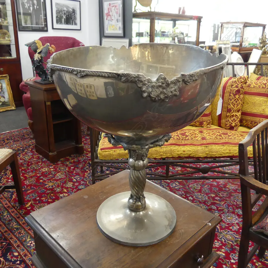 LG SILVER METAL COMPORT / PUNCH BOWL H.475mm, 415mm dia. the top slightly dented in. Image 1++