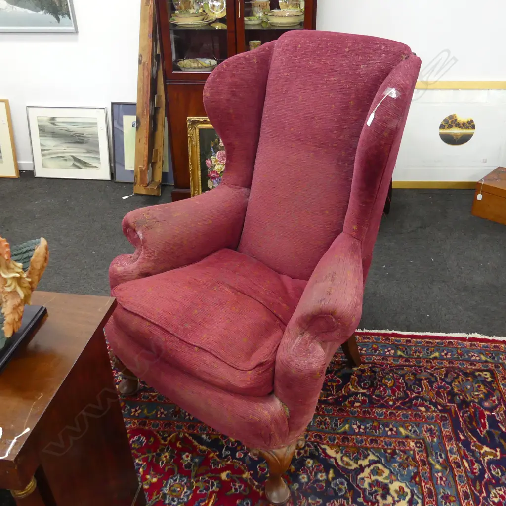 WING BACK CHAIR, RED UPHOLSTERY WORN Image 1++