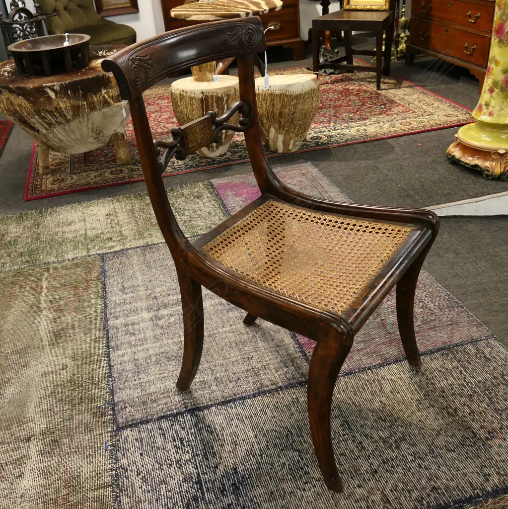 REGENCY BLADE BACK SABRE LEGGED DINING CHAIR w. CANED SEAT & INLAY DETAIL Image 1++