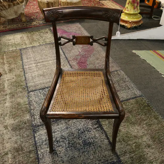 REGENCY BLADE BACK SABRE LEGGED DINING CHAIR w. CANED SEAT & INLAY DETAIL