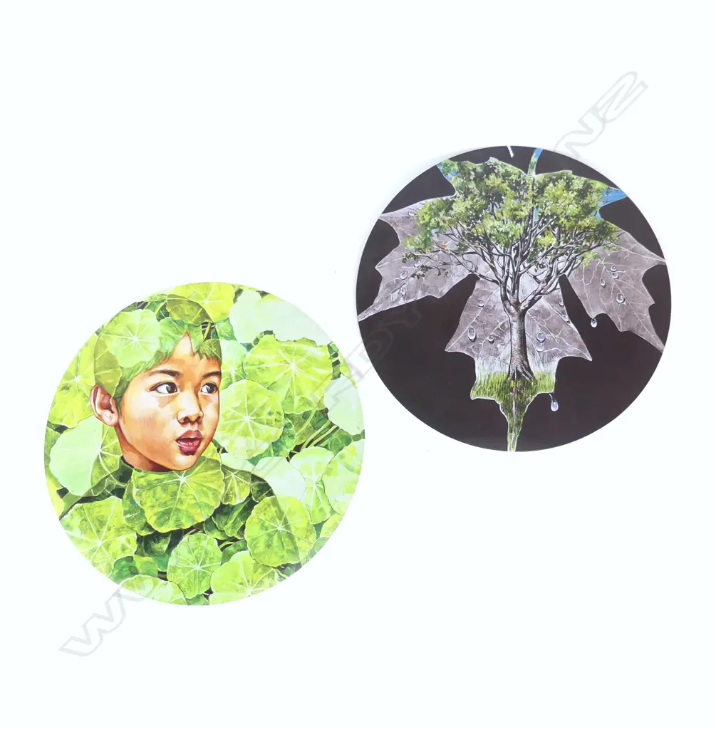 2 PRINTED ARTWORKS ON METAL DISKS 355mm dia... Image 1++