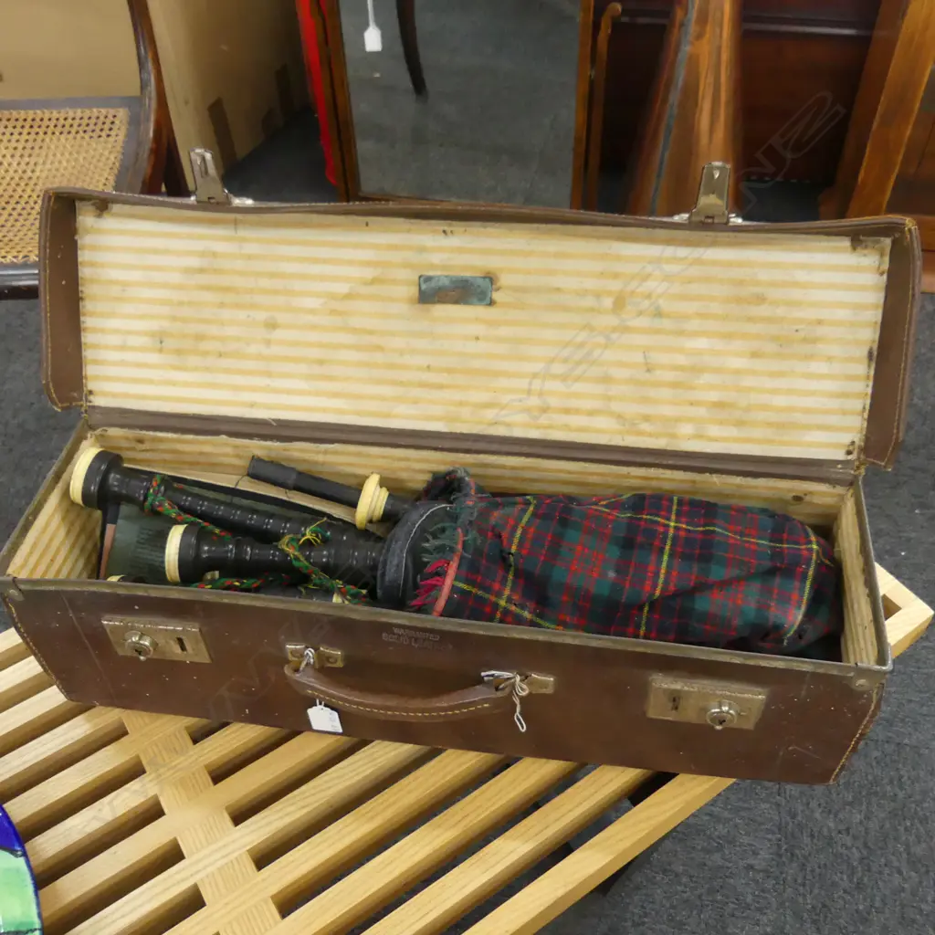 FULL SET OF BAGPIPES WITH IVORY FITTINGS, DEDICATION PLAQUE 'IN APPRECIATION FROM RAGLAN PIPE BAND 1950'  Image 1++