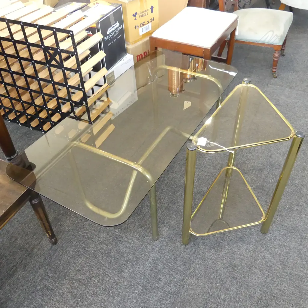 2 VINTAGE BRASS & SMOKEY GLASS SIDE TABLES Image 1++