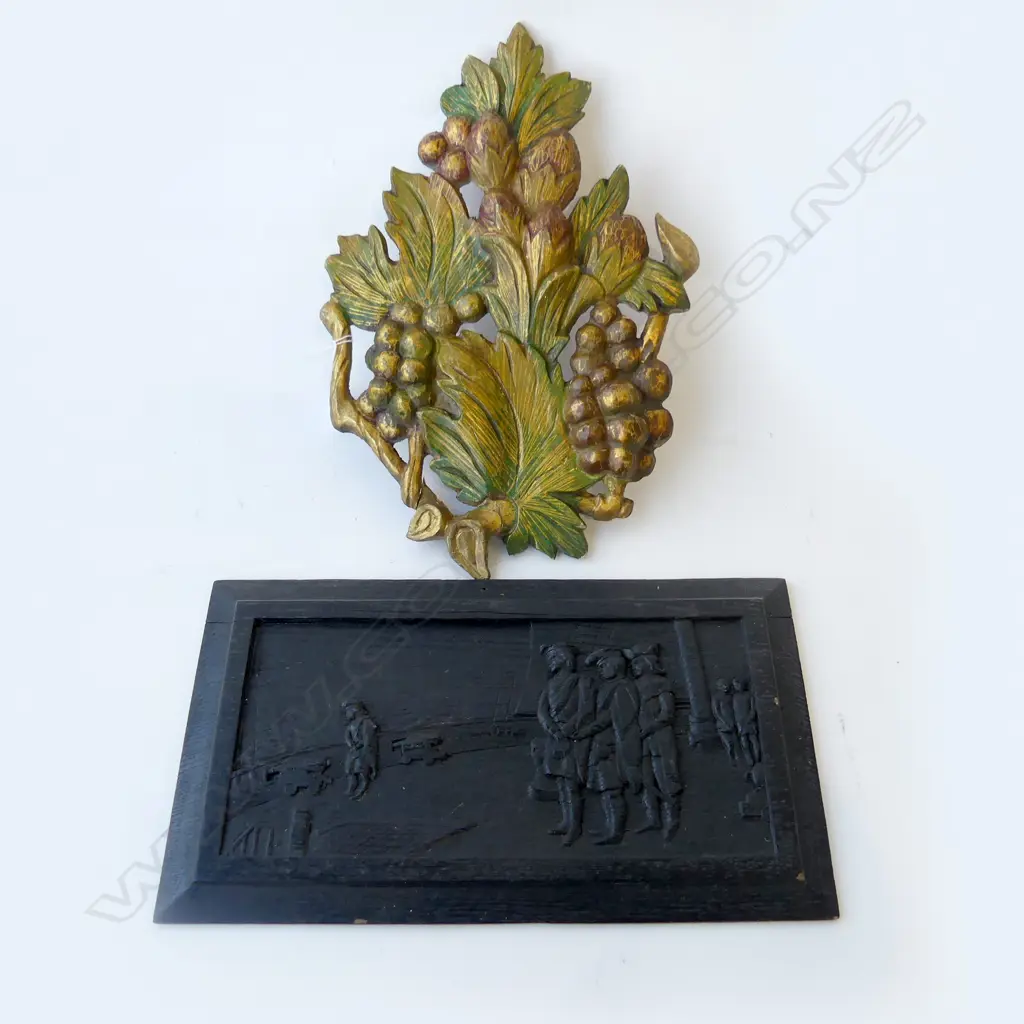 2 CARVED WOODEN PANELS; EBONISED OAK (MARITIME SCENE) 225x400mm + GILDED FRUIT H.400mm Image 1++