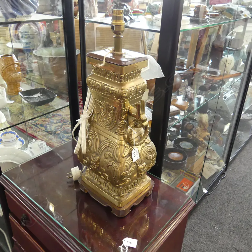 LGE CHINESE ARCHAIC STYLE BRASS TABLE LAMP  H. base only 440mm Image 1++