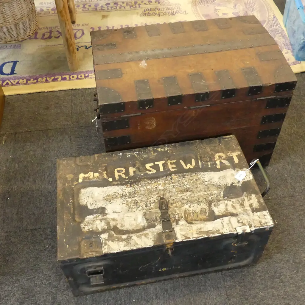 TWO LARGE TRUNKS ONE SILVER STORAGE CHEST  WITH METAL STRAPPING & A METAL ONE . ` Image 1++