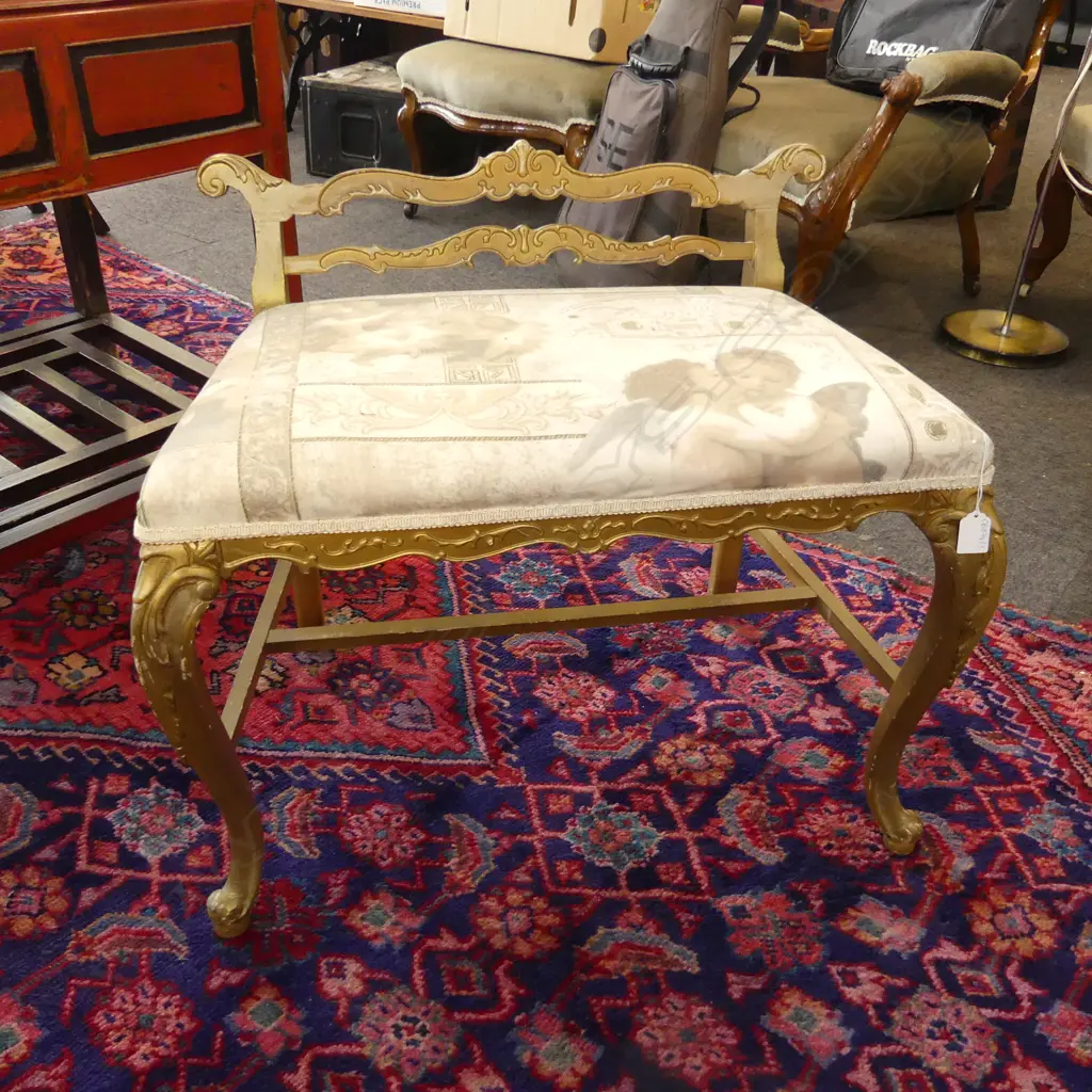 GILT WOOD BENCH w. ANGEL FABRIC SEAT 680x400x580mm Image 1++
