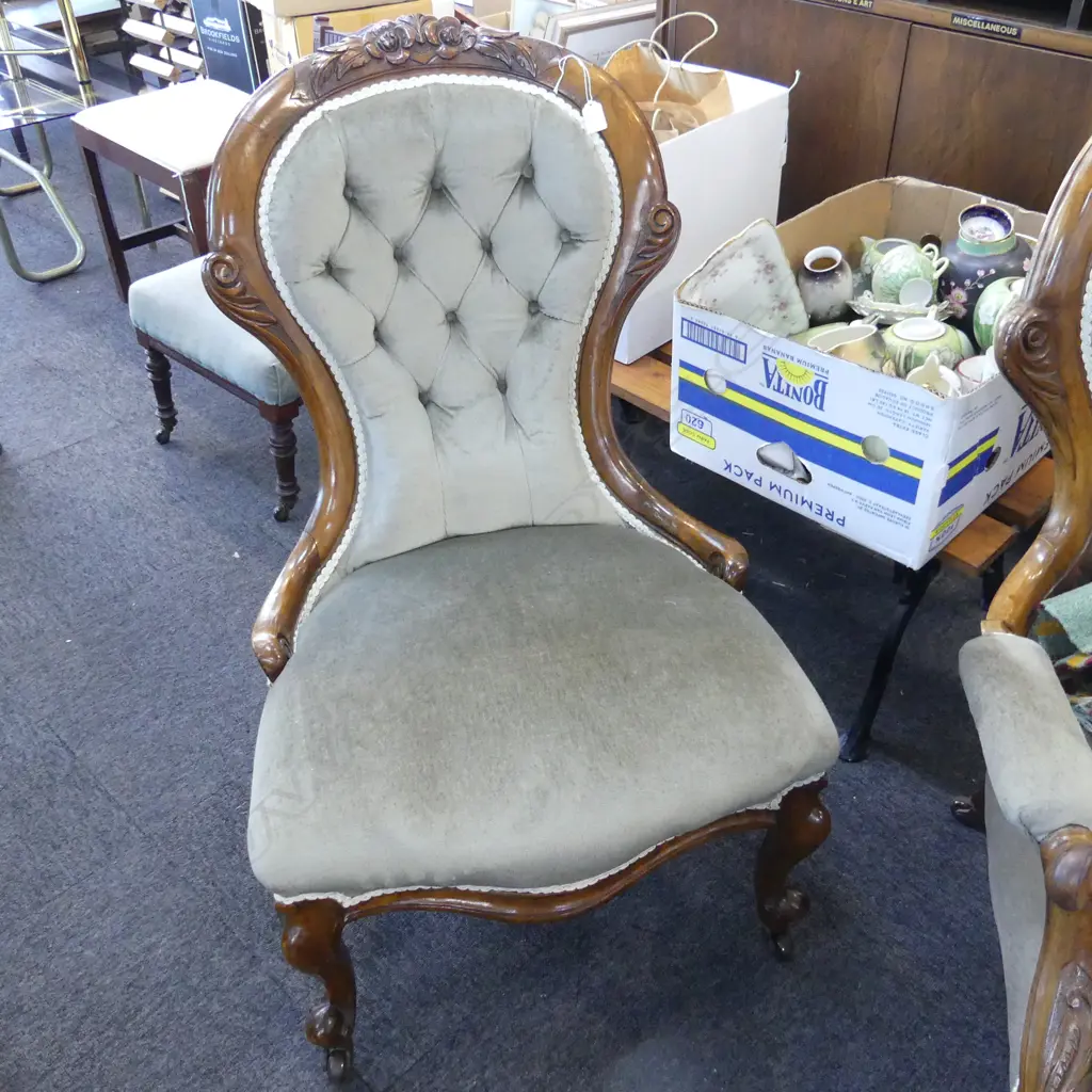 VICTORIAN WALNUT GRANDMOTHER CHAIR green deep buttoned upholstery Image 1++