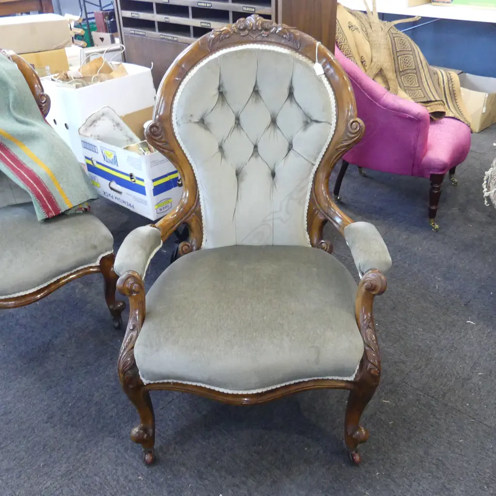 VICTORIAN WALNUT OPEN ARM GRANDFATHER CHAIR green deep buttoned upholstery Image 1++