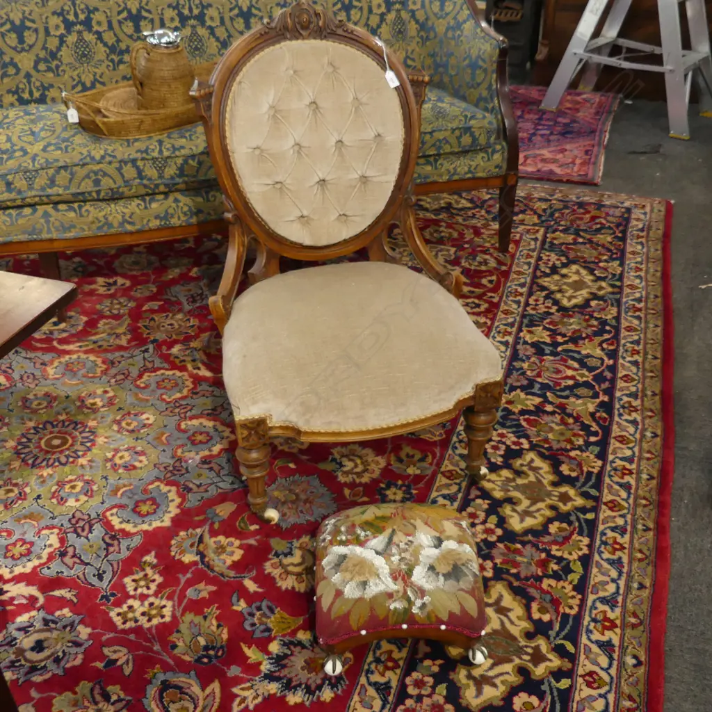 VICTORIAN GRAND MOTHER CHAIR + NEEDLEWORK FOOTSTOOL AF Image 1++