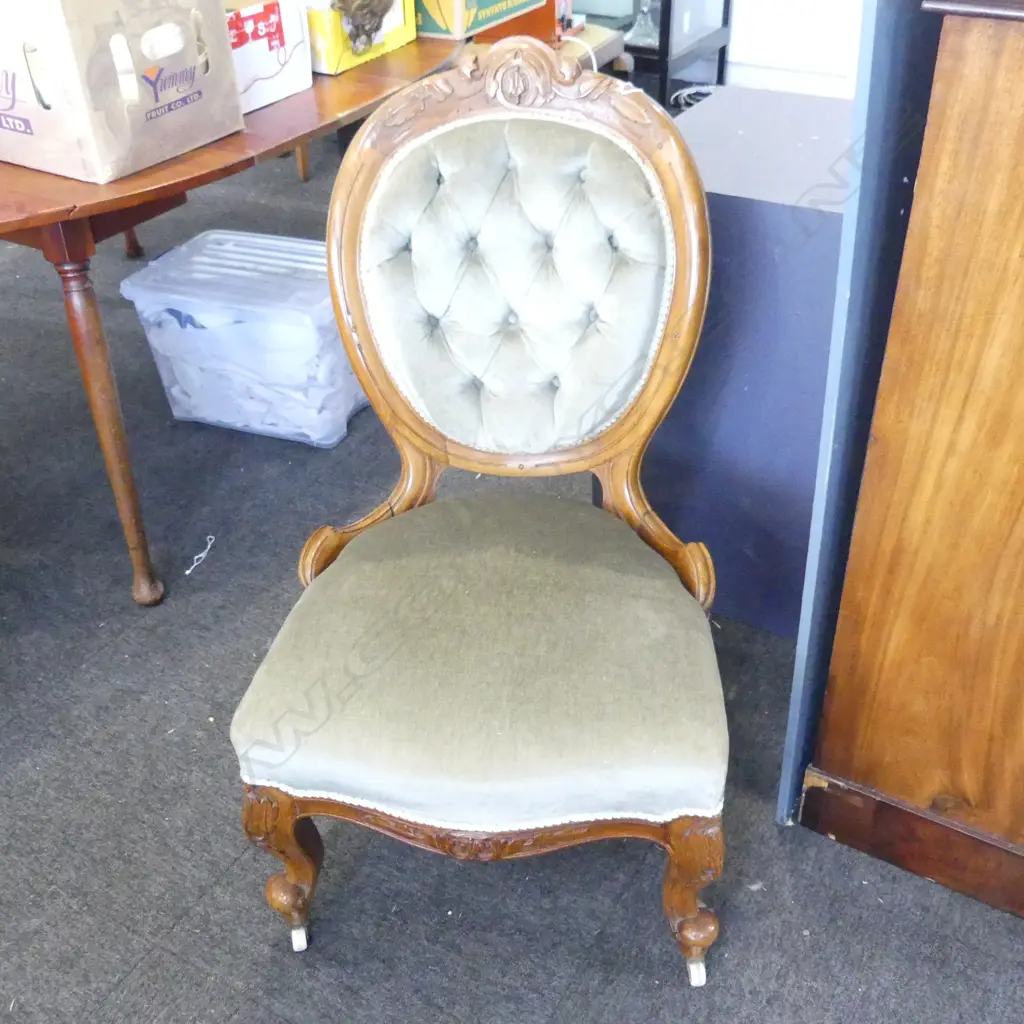 VICTORIAN WALNUT GRANDMOTHER CHAIR  GREEN UPHOLSTERY Image 1++