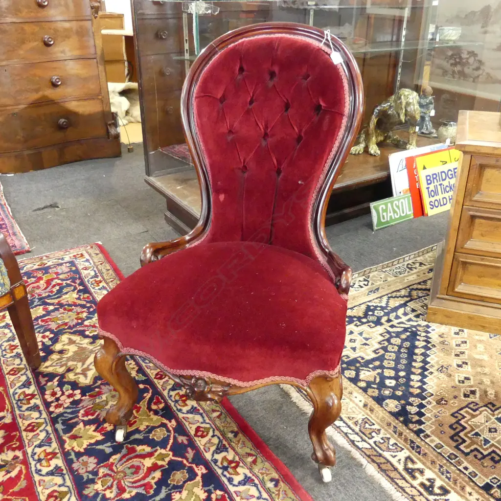 VICTORIAN WALNUT GRANDMOTHER CHAIR DARK STAINED FRAME RED UPHOLSTERY Image 1++