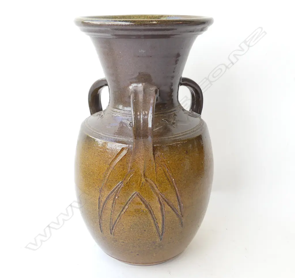 STUDIO POTTERY 3 HANDLED VASE, MAKER'S STAMP 'WS' (NOT SMESIK AS ORIG NOTED),  H.400mm Image 1++