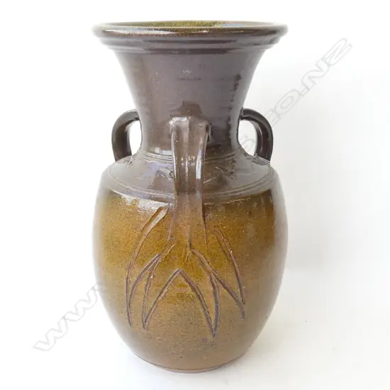 STUDIO POTTERY 3 HANDLED VASE, MAKER'S STAMP 'WS' (NOT SMESIK AS ORIG NOTED),  H.400mm