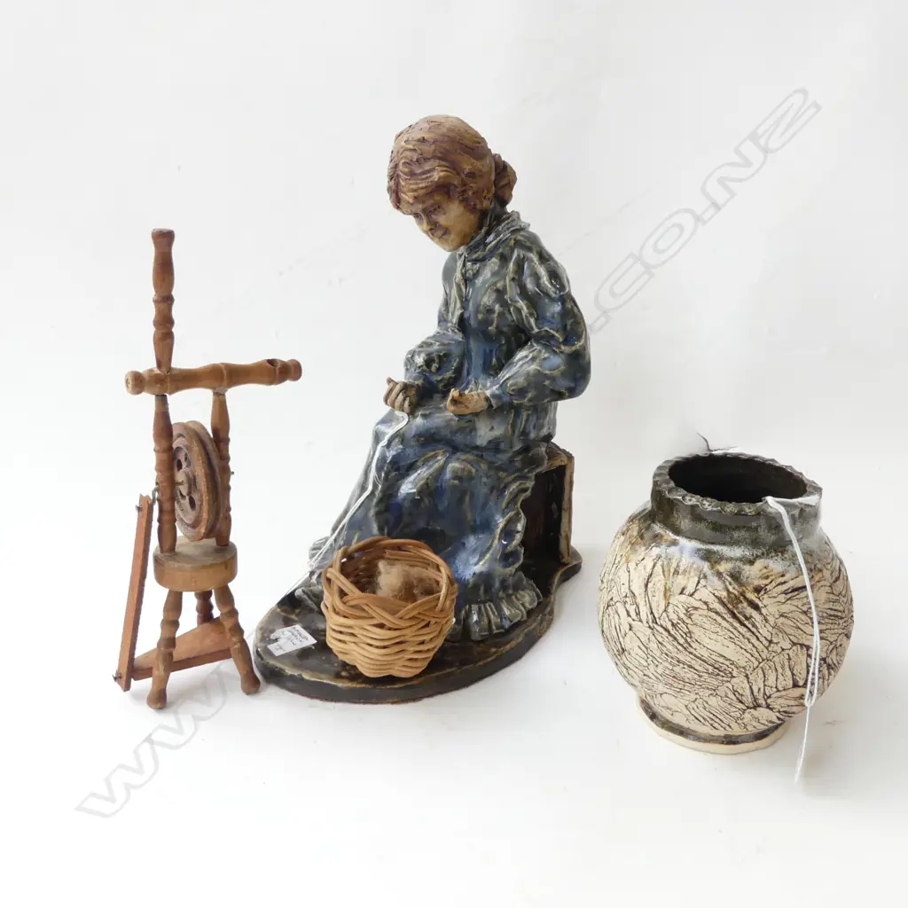 STUDIO POTTERY FIGURE THE SPINNER  H280mm & POTTERY VASE H130mm Image 1++