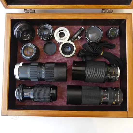 ASST. LENSES; PENTAX, MINOLTA, SOLIGOR, OSAWA, TOMINON, VITACON, YASHINON, ETC IN FELT LINED WOODEN CASE W.450mm