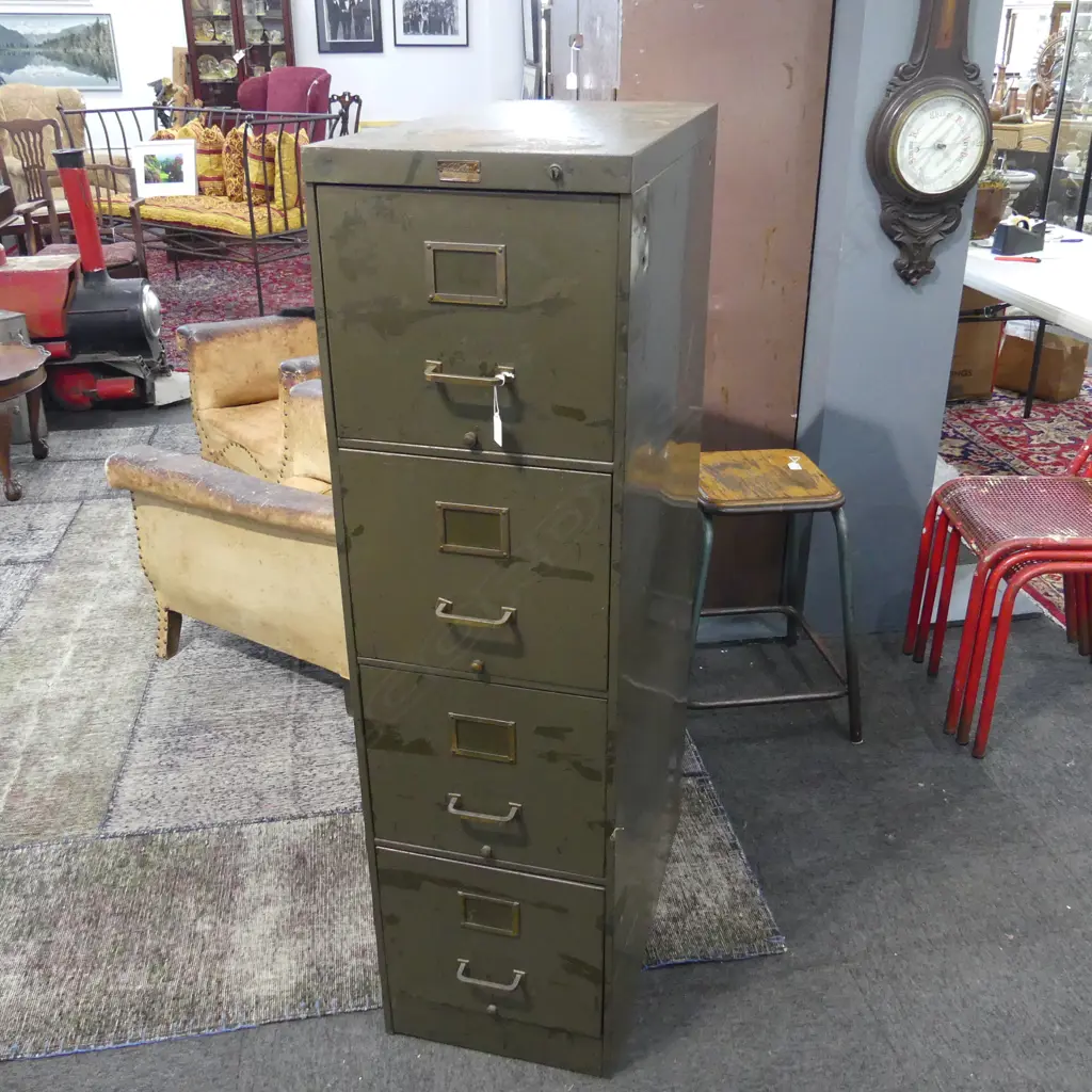 VINTAGE 'ALLSTEER USA' 4 DRAWER FULL SCAP FILING CABINET original green with brass handles. H.1345mm Image 1++