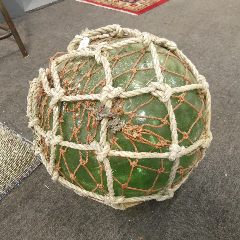 OLD GLASS FISHING FLOAT w. NETTING APPROX DIA.310mm hand blown Image 1++