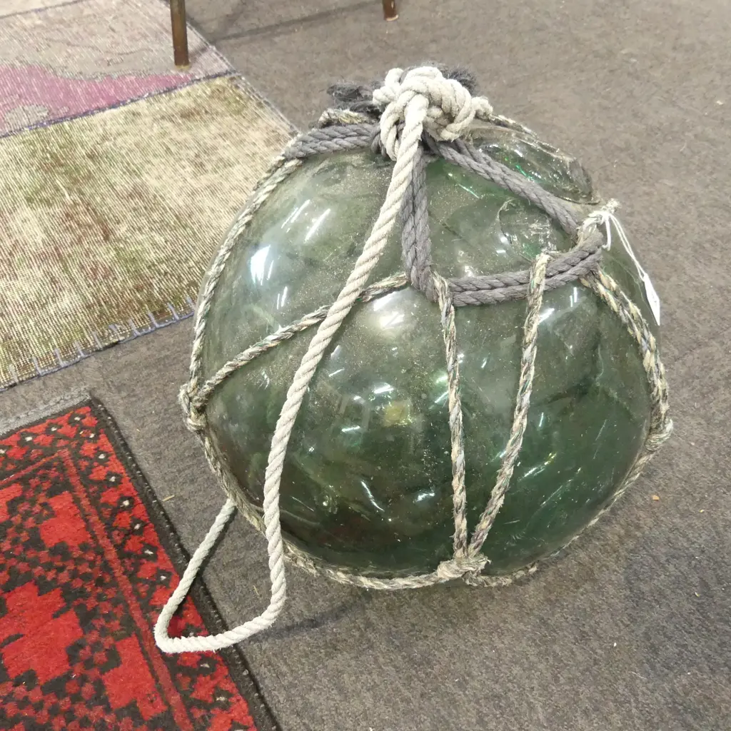OLD GLASS FISHING FLOAT w. NETTING APPROX DIA.310mm hand blown Image 1++
