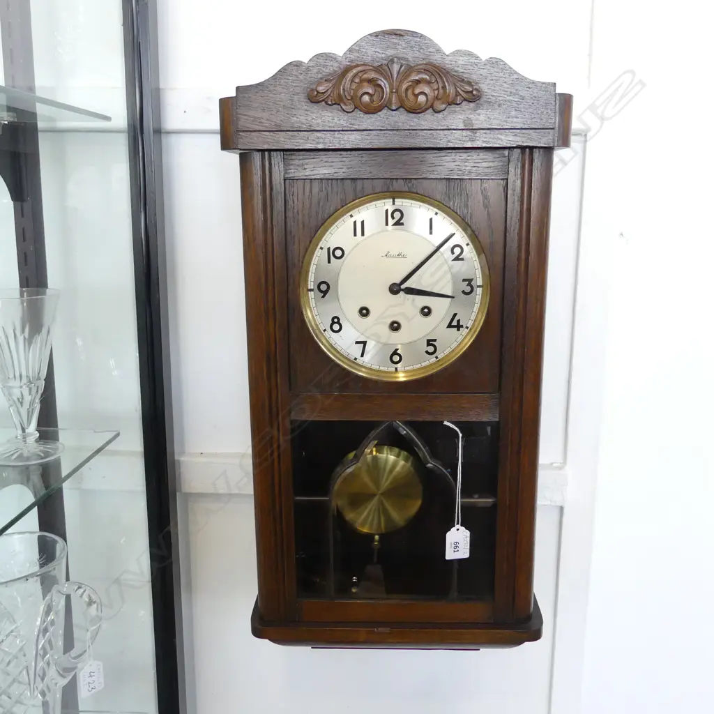 MANTHE OAK WALL CLOCK H.630mm recently overhauled, working. Image 1++