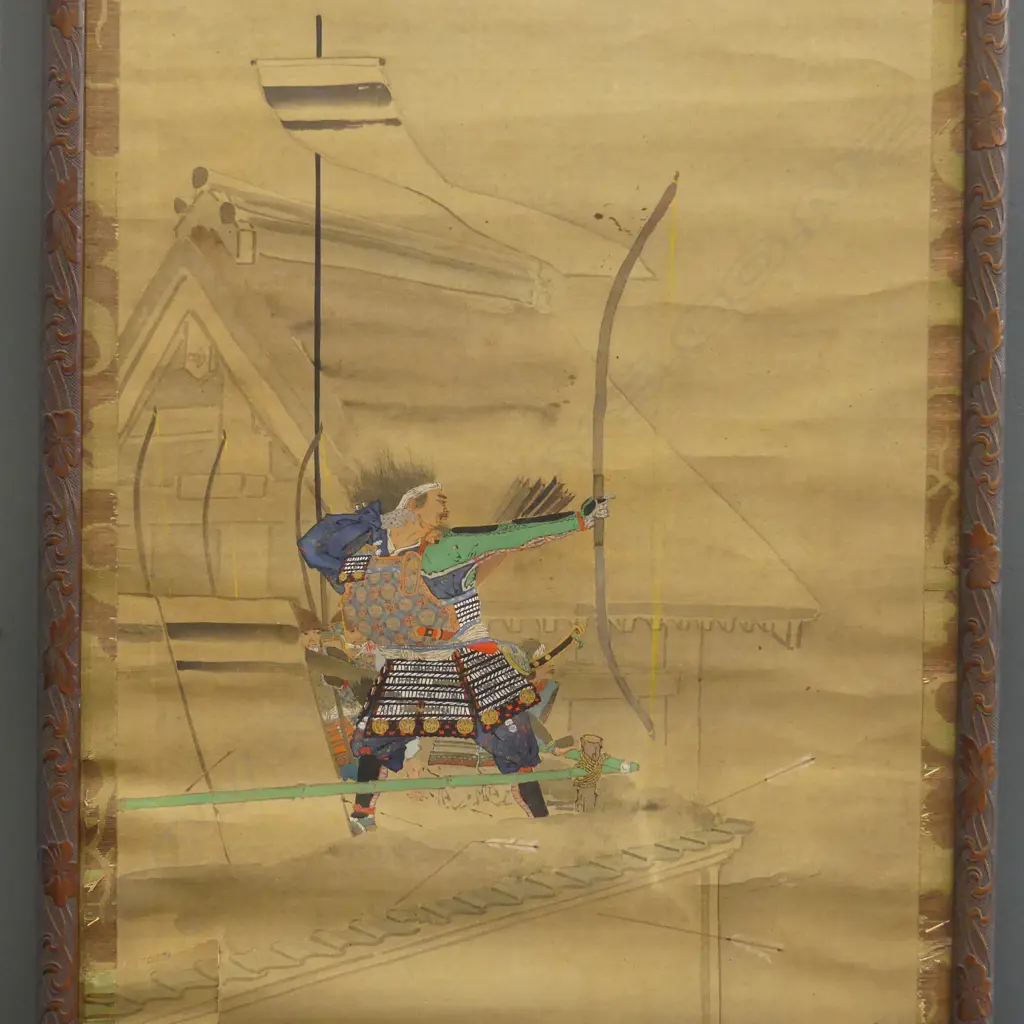 JAPANESE MEHJI PIRIOD SCROLL PAINTING THE ARCHER SAMURI SIGNED GLASS DAMAGED H1420 W395MM Image 1++