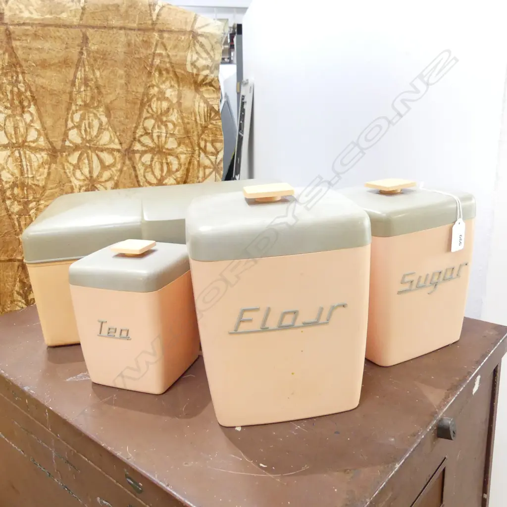 4 RETRO KITCHEN CANISTERS; SUGAR, FLOUR, TEA, BREAD W.385mm some faults Image 1++