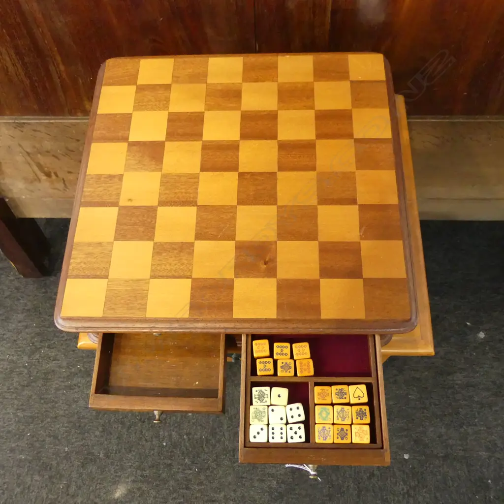 SQUARE WOODEN GAMES TABLE TOP BASE WALNUT FROM OLD TABLE TOP KAURI WITH CHESS BOARD, SOME ACCESSORIES IN DRAWERS 350X350 Image 1++