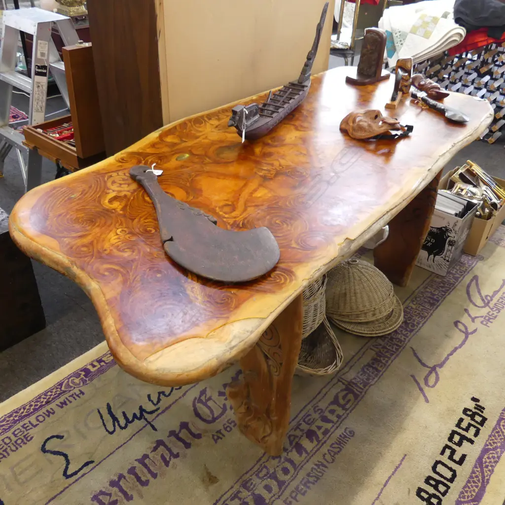 WOODEN DINING TABLE w. CARVED MAORI DESIGN 1865x800x740mm Image 1++