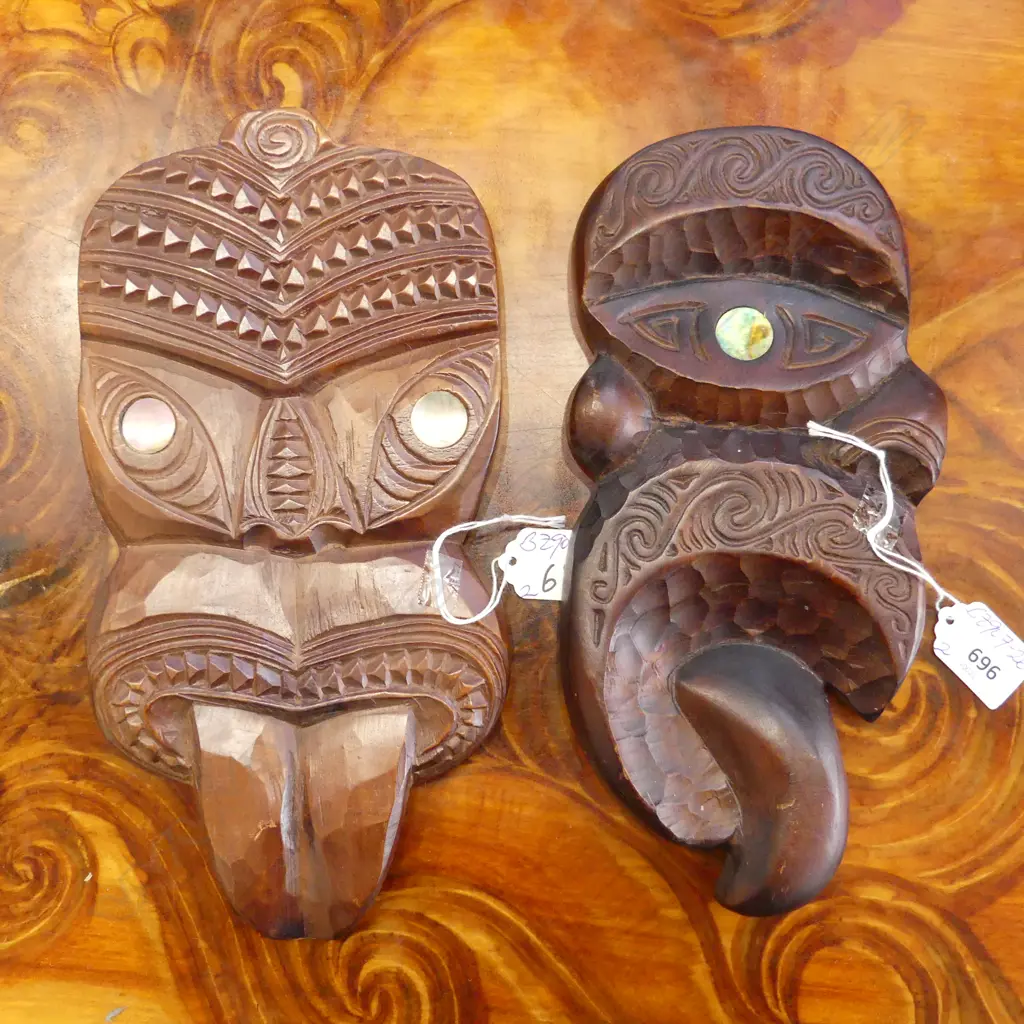 2 VINTAGE MAORI CARVED MASKS paua eyes. H.280mm Image 1++