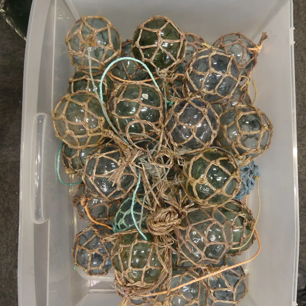 OLD GLASS FISHING FLOATS w. NETTING APPROX 30 DIA.90mm hand blown Image 1++