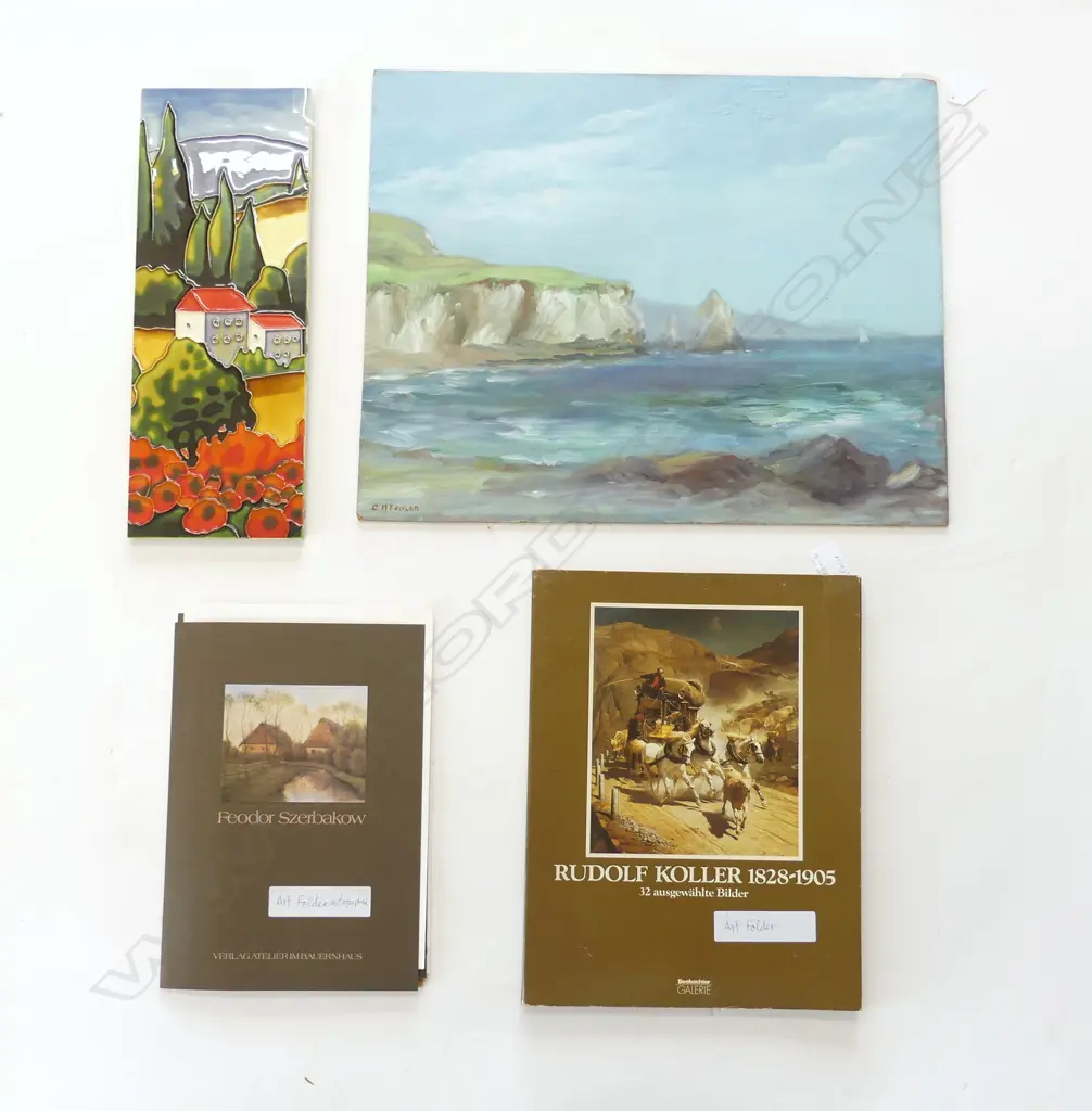 FOUR ARTWORKS, W/COLOUR, 2 ART FOLDERS (SIGNED) & CERAMIC PLAQUE, 400 x 500mm (W/C) Image 1++