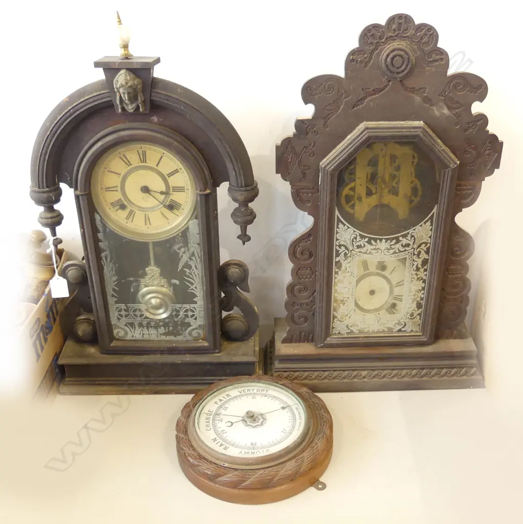 2 AMERICAN ANSONIA GINGER BREAD MANTEL CLOCKS H.590mm + BAROMETER 230mm dia Image 1++
